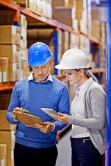 Poster - Checklist, tablet or people in factory for inspection info for a delivery order, boxes or website in a plant. Online, teamwork or warehouse workers with product, package or wholesale cargo shipping