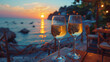 Romantic dinner for two under the sunset sky. Two glasses of white wine on a restaurant table on the sea view background. Romance and love, summer vacation concept. Valentine's day