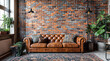 Industrial style living room mockup with an empty wall mockup and a brown leather sofa and green plants