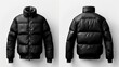 A mockup template of a black down jacket with a zipper, shown in both front and back views, isolated on a white background, suitable for winter sport jacket designs