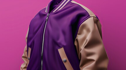 Wall Mural - A mockup of a varsity jacket in minimalist modern design, featuring purple and beige colors, suitable for commercial use