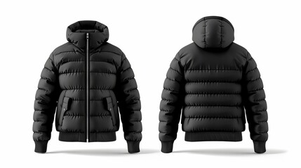 Wall Mural - A mockup template of a black down jacket with a zipper, shown in both front and back views, isolated on a white background, suitable for winter sport jacket designs