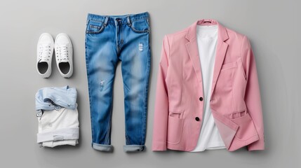 Wall Mural - A set including a white cotton T-shirt, blue jeans, white leather sneakers, and a fashionable pink blazer jacket, all isolated against a gray background, ready for branding and design mockups