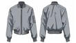 A set of women's zip-up, trimmed bomber jackets, shown in a flat fashion illustration for both front and back views, colored in grey for CAD mock-ups