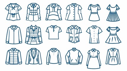 A set of clothing line icons, including various garments such as dresses, polo shirts, and jackets, designed with simple outlines for fashion applications