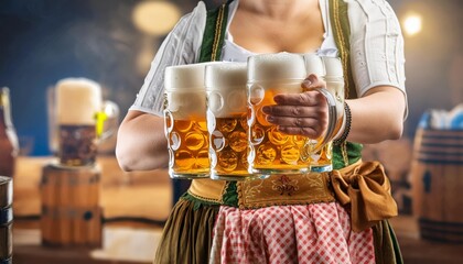 Wall Mural - Oktoberfest, Munich, Germany. Waitress serve beer, closeup view. Woman in traditional Bavarian costume