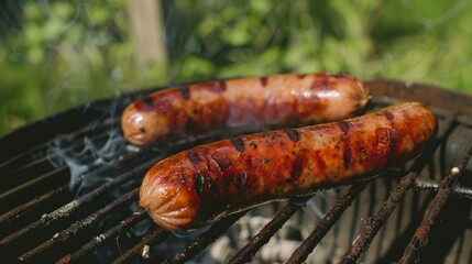 Poster - Two delicious sausages are being grilled on a homemade grill.
