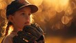 Young girl wearing a baseball glove, kid sport portrait
