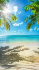 Wall Mural - branches of palm trees create shade in sand summer landscape of tropical island dazzlingly bright sun horizon is softly blurred transition of sandy beach to turquoise water