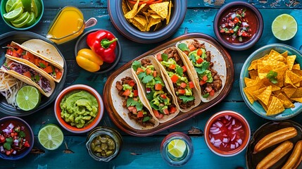 Wall Mural - Colorful Array Of Mexican Cuisine, Including Tacos, Guacamole, Salsa, And Condiments. Top View. Cinco de Mayo Celebration, Restaurant Menus, or Food Blogs. AI Generated