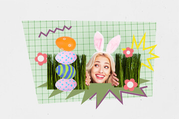 Sticker - Picture image collage of cheerful funky cute girl spring garden lawn gathering colored painted eggs isolated on drawing background