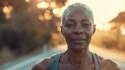 Wall Mural - A woman with short hair wearing a sleeveless top standing on a road with a blurred background of trees and a sunset.