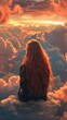 Woman gazing at sunset cloudscape. A solitary woman sits engulfed in thought, witnessing a stunning cloudscape at sunset, an embodiment of tranquility and wonder