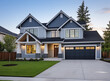 © ammad - Beautiful new home exterior Double Garage, Exemplary Fresh Construction Dwelling with Innovative Styling and Light Blue Siding: Explore the Natural Stone Porch!