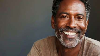 smiling man with gray beard and hair wearing brown shirt against blurred background.