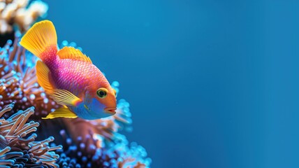 A vibrant tropical fish swimming near colorful coral in a clear blue underwater scene.