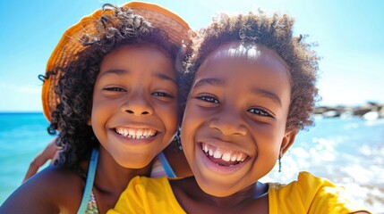 Wall Mural - Two young girls with curly hair wearing straw hats smiling at the camera on a sunny beach.