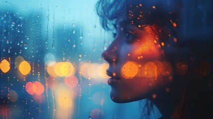 portrait of lonely woman looking out of window during rain with street city bokeh light reflect on f