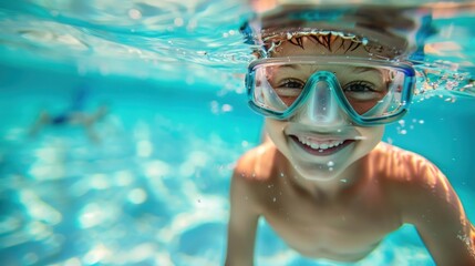 Wall Mural - A joyful child underwater wearing a snorkel and goggles smiling broadly with bubbles around them.