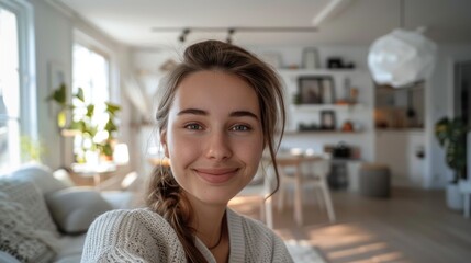 Wall Mural - Young woman with a radiant smile wearing a cozy white sweater in a bright modern living room with natural light streaming in.