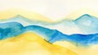 Abstract watercolor landscape with gentle hills in sunny yellow and calming blue tones..