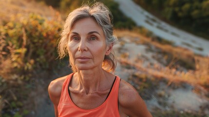 Wall Mural - A woman with gray hair wearing an orange tank top standing on a hill with a blurred background of a road and vegetation looking directly at the camera with a slight smile.