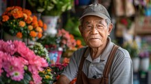 An Elderly Man With Glasses Wearing A Cap And Apron Standing Behind A Vibrant Display Of Flowers At A Market Stall.