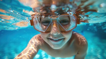 Wall Mural - A young child wearing goggles smiling underwater with bubbles around them.