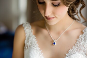 Wall Mural - bride in white gown, looking down at a sapphire necklace