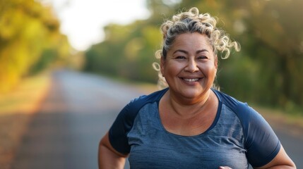Wall Mural - A woman with curly hair wearing a blue top smiling and running on a road with trees in the background.