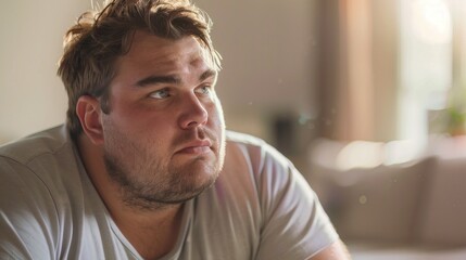 Wall Mural - A contemplative man with a beard wearing a gray t-shirt sitting in a room with a blurred background looking off to the side.