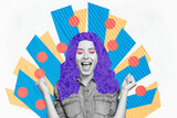 Fototapeta Panele - Creative artwork composite photo collage of overjoyed woman with violet paper hair screaming win jackpot isolated painted background