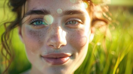 Poster - A close-up of a woman with freckles blue eyes and a soft smile set against a blurred green background possibly in a field with sunlight creating a bokeh effect.