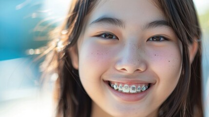 Wall Mural - A young girl with a radiant smile showing her braces set against a blurred background.