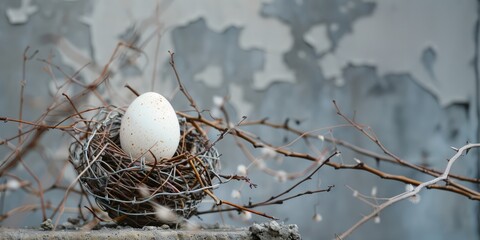 Wall Mural - Egg lies in nest made of barbed wire, thorns, photo close up	
