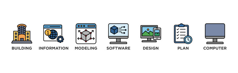 BIM banner web icon vector illustration concept for building information modeling with icon of building, information, modeling, software, design, plan, and computer	