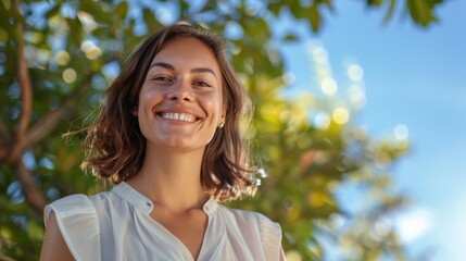 Poster - Smiling woman with brown hair and white blouse standing in front of blurred trees and blue sky.