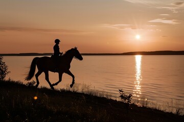 Wall Mural - person riding horse along shoreline at sunset