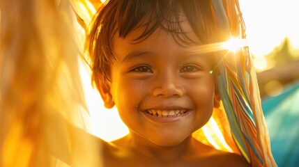 A joyful young child with a radiant smile standing in the warm glow of sunlight with a colorful ribbon adorning their hair.