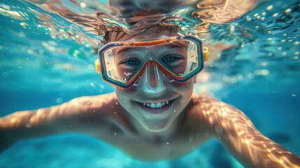 Wall Mural - A young boy with a joyful expression wearing snorkeling gear submerged in clear blue water.