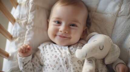 Wall Mural - Baby smiling with stuffed animal in crib.