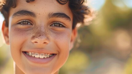 Wall Mural - A young boy with curly hair freckles and braces smiling brightly at the camera.