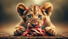Lion Cub Chewing On Meat , Macro Photography , Natural Background.