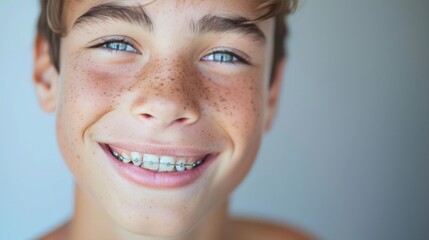 Wall Mural - Young boy with freckles and blue eyes smiling with braces against a blurred background.