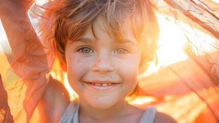 Wall Mural - A young child with a joyful expression looking directly at the camera with a radiant smile set against a warm sunlit backdrop.