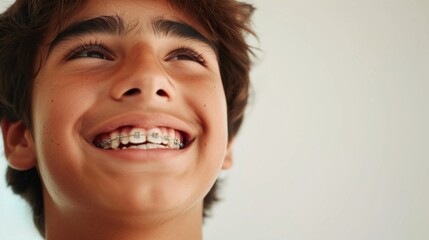 Wall Mural - Young boy with a big smile showing braces looking up with a joyful expression.