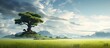A solitary tree stands on a small island in a grassy field, under a vast sky filled with fluffy clouds. The natural landscape creates a peaceful horizon in the grassland