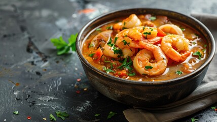 Wall Mural - A bowl of spicy shrimp stew garnished with fresh herbs on a dark, textured surface.