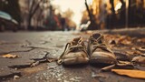 Fototapeta  - A pair of worn-out shoes on a street covered with autumn leaves at dusk.