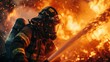 A firefighter is spraying water on a fire